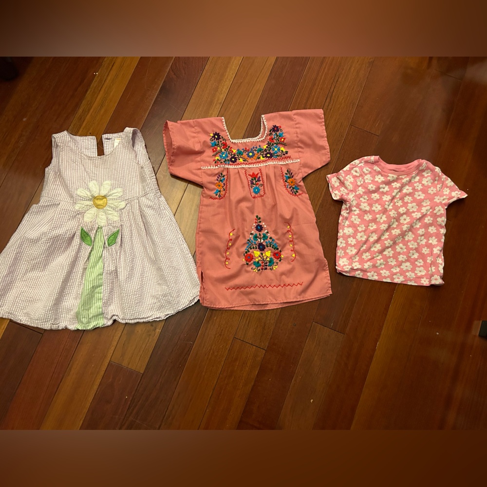 3 x 2T vacation wear - summer dresses - pink shirt - flower dress